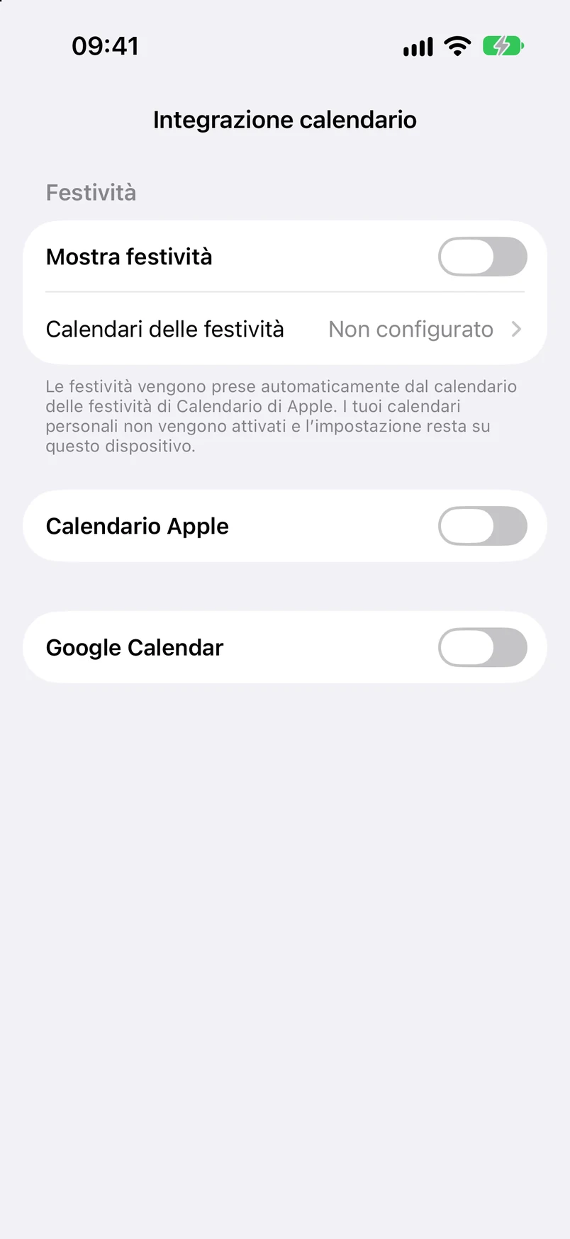Collegamento dei calendari: mostra festività, Calendario Apple e Google Calendar