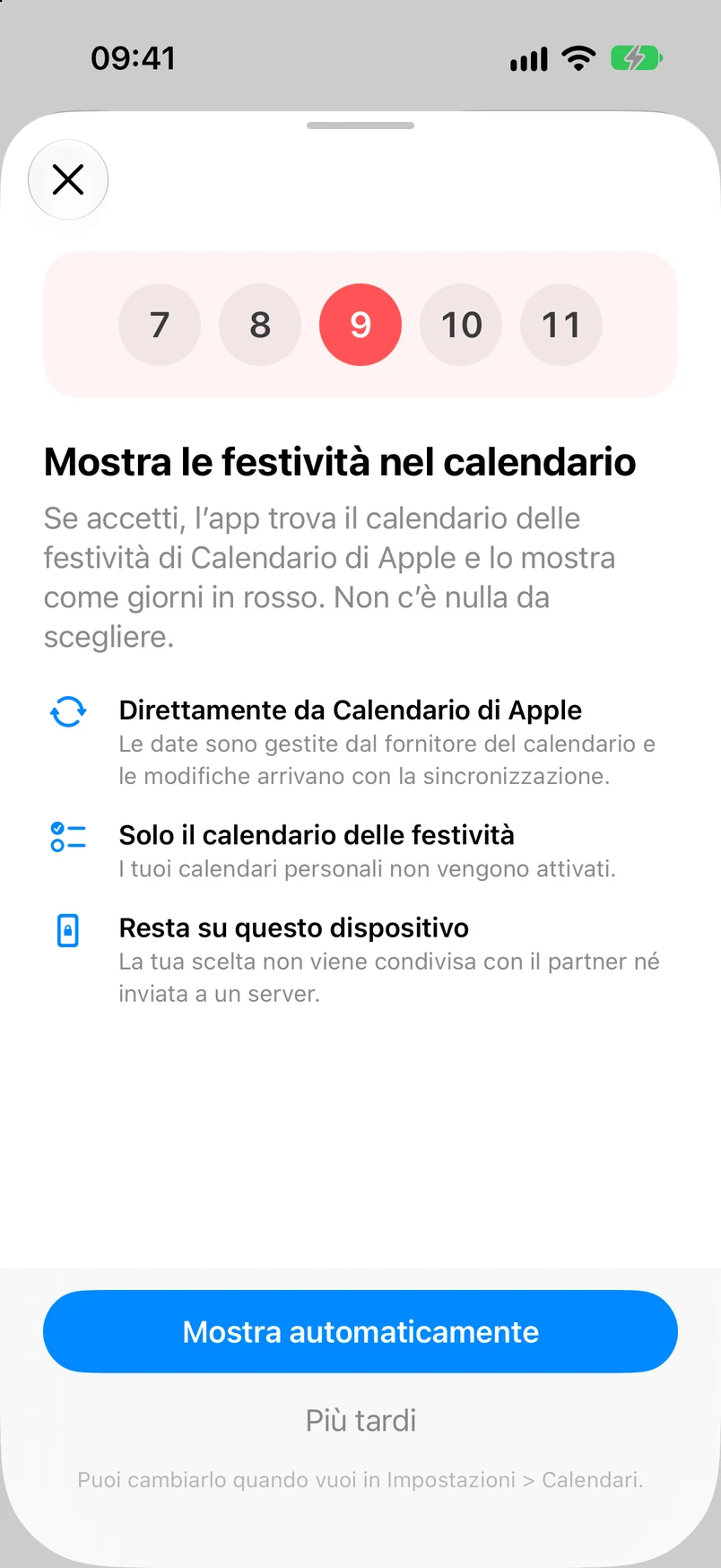 Pannello informativo per mostrare le festività nel calendario