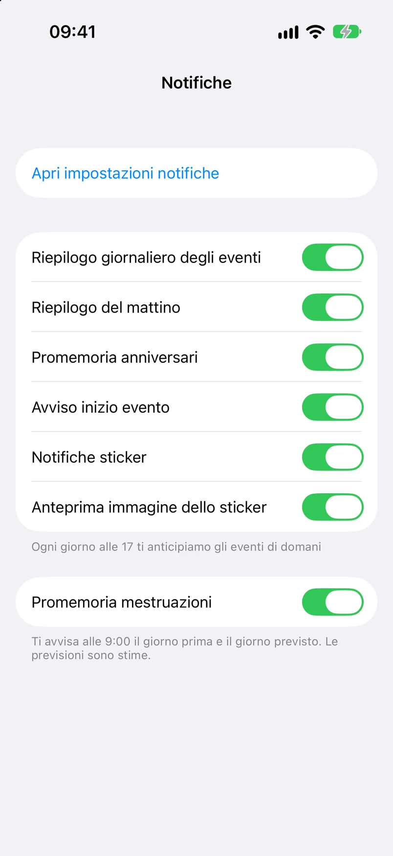 Impostazioni delle notifiche: riepilogo giornaliero, riepilogo del mattino, promemoria degli anniversari, inizio degli eventi, adesivi e mestruazioni