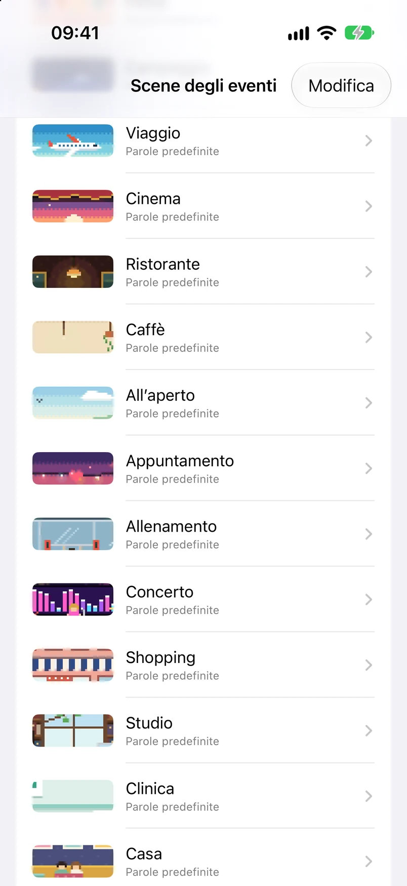 Elenco delle scene degli eventi: festa, campeggio, viaggio, cinema, ristorante, caffè e passeggiata