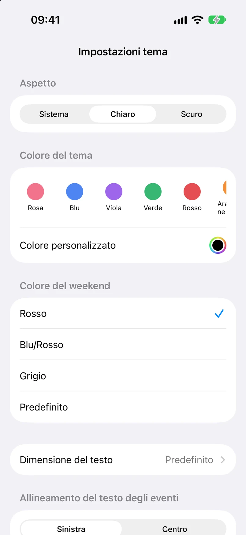 Impostazioni del tema: sistema, chiaro e scuro; colore del tema, colori personalizzati e colori del fine settimana