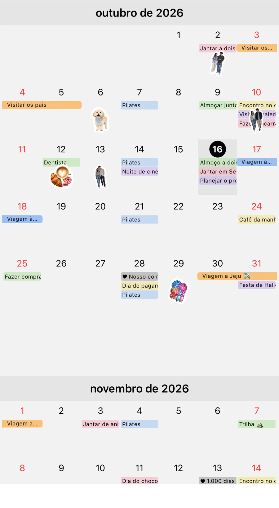 Visão mensal de outubro e novembro de 2026 com o modo de ciclo menstrual desativado