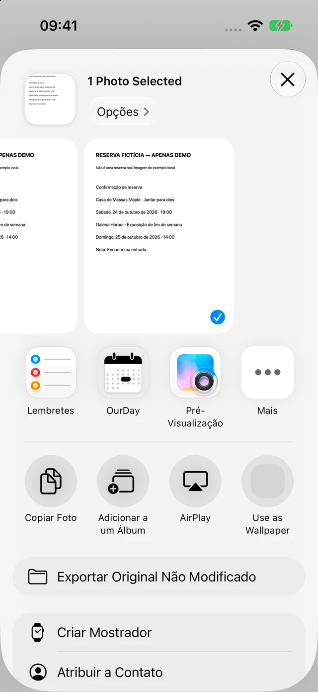 Menu de compartilhamento do iOS com OurDay na lista de apps