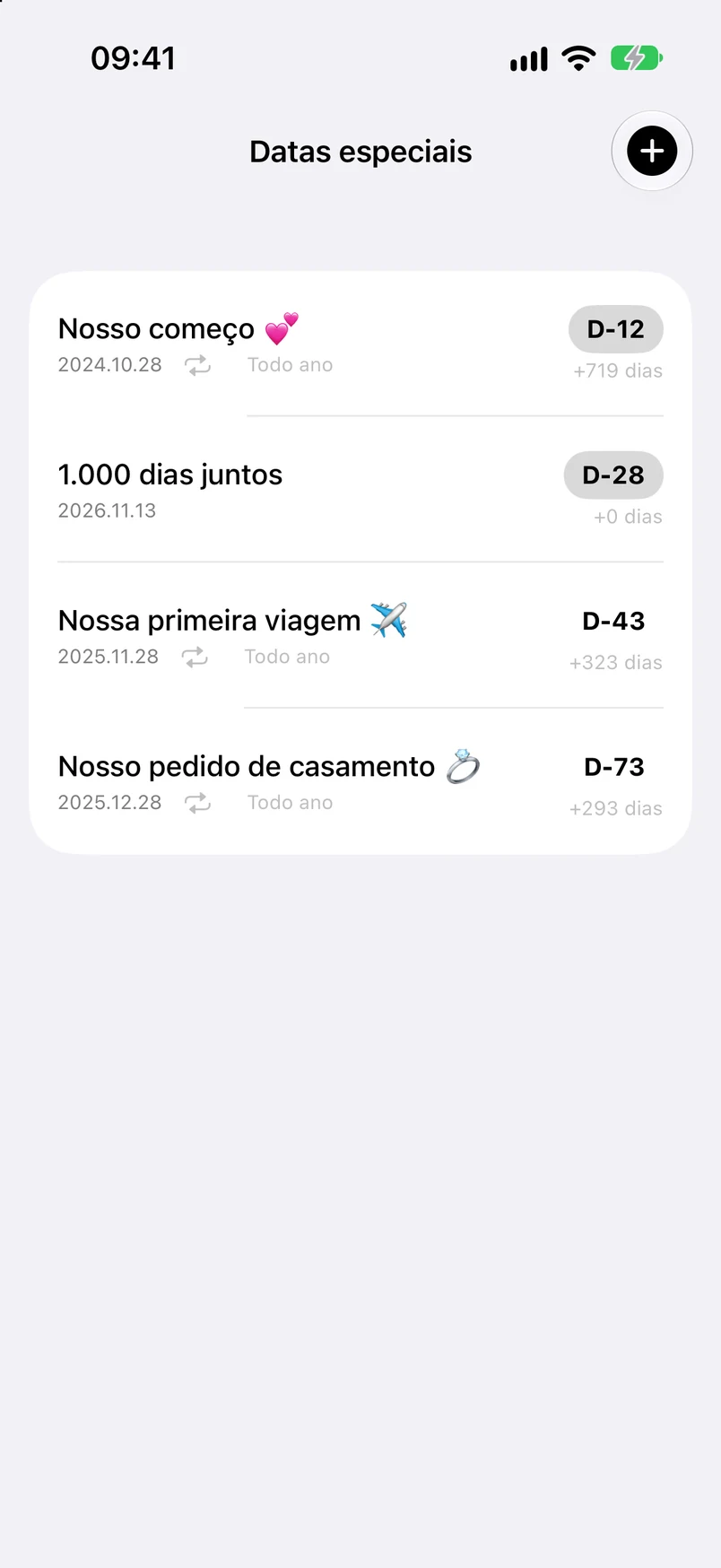 Lista de aniversários: D-12, D-28, D-43, D-73