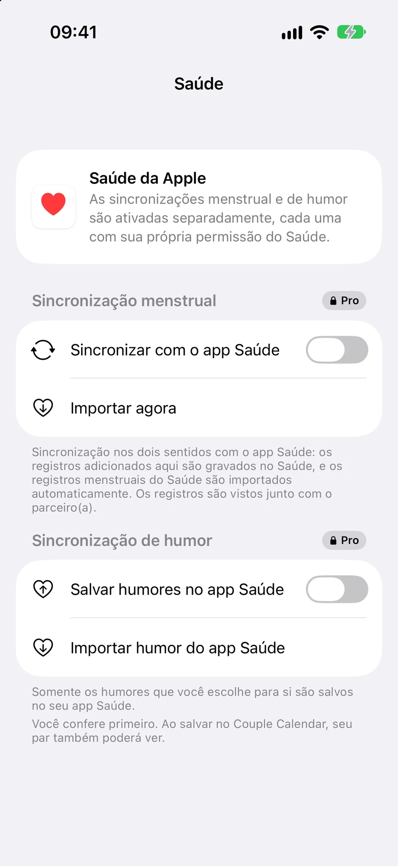 Ajustes de Saúde: sincronização de menstruação e de humor (Pro)