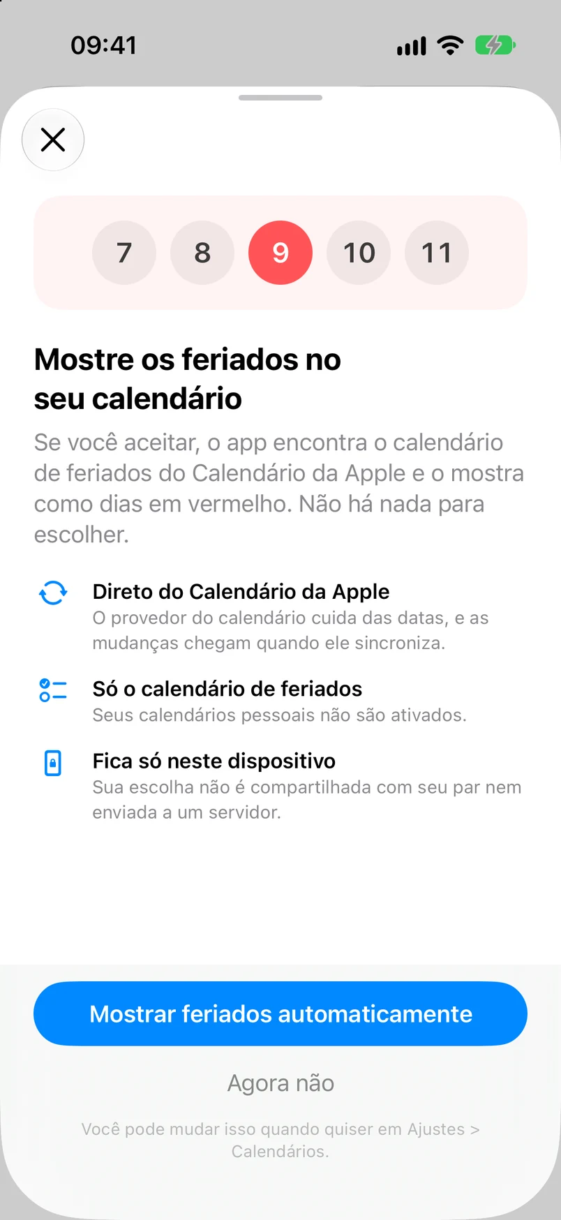 Painel com orientação para mostrar feriados no calendário
