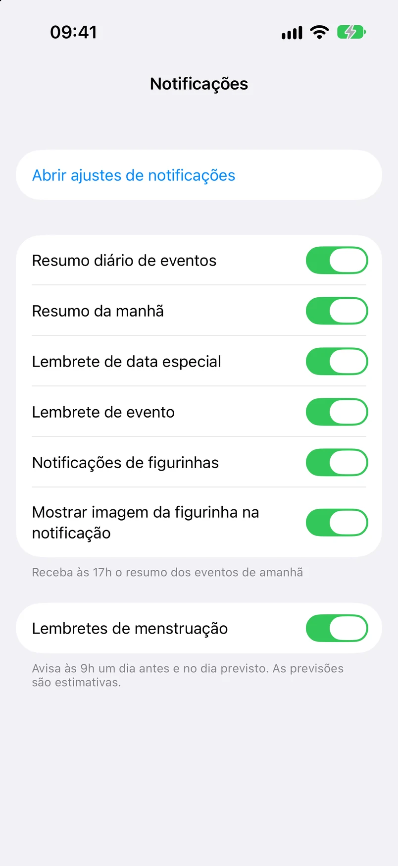 Ajustes de notificações: resumo diário de eventos, resumo da manhã, lembretes de aniversários, início de eventos, figurinhas e menstruação