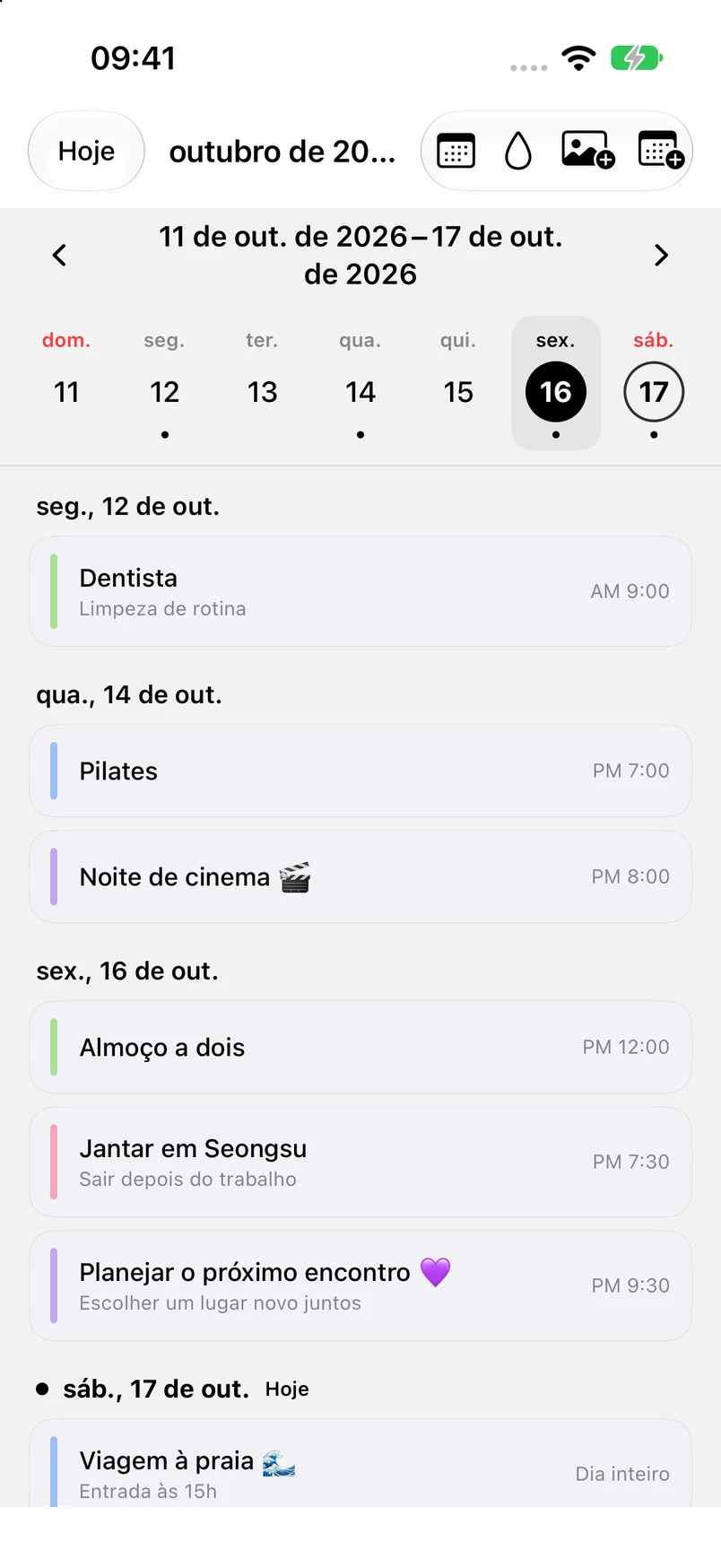 Visão semanal de 11 a 17 de outubro com sexta-feira, dia 16, selecionada