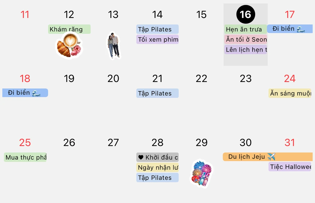 Phóng to ngày 11 đến 31 tháng 10: hẹn nha sĩ, Pilates, xem phim, thanh chuyến đi Gangneung, thanh chuyến đi Jeju và nhãn dán ảnh
