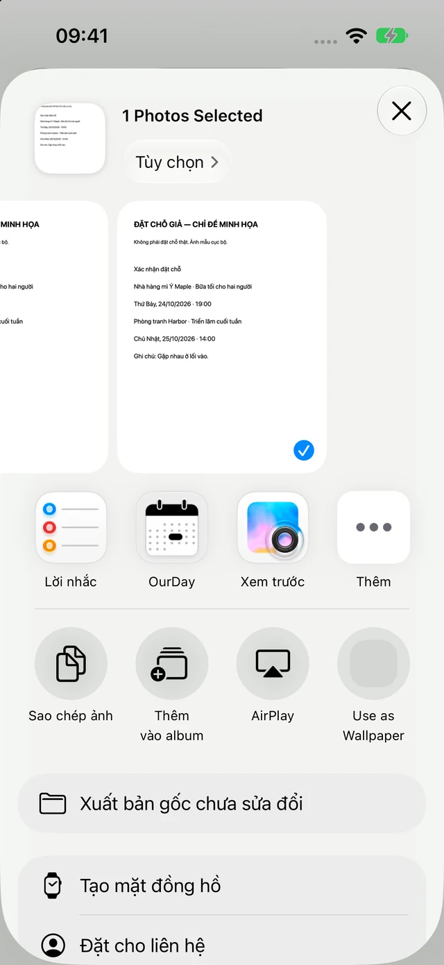 Bảng chia sẻ iOS có OurDay trong danh sách ứng dụng