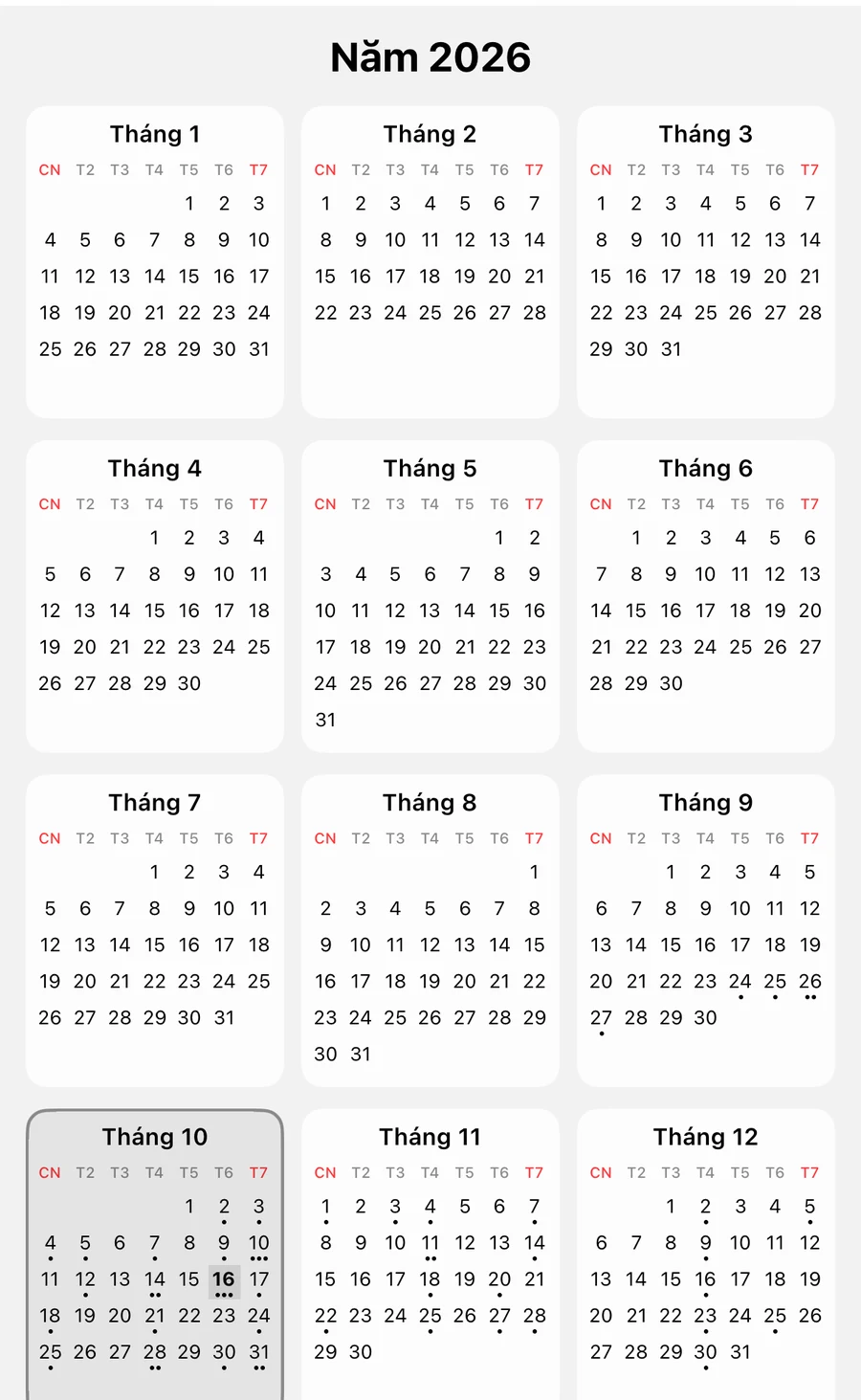 Lịch năm 2026 với tháng 10 được làm nổi bật
