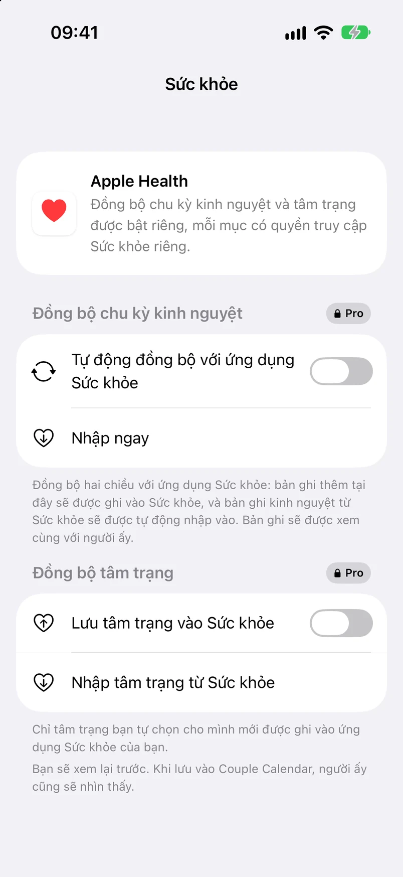 Cài đặt Sức khỏe: đồng bộ kỳ kinh và tâm trạng (Pro)