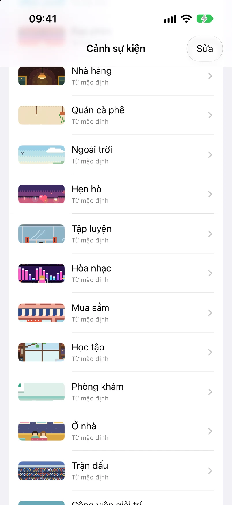 Danh sách khung cảnh sự kiện: chúc mừng, cắm trại, du lịch, rạp phim, nhà hàng, quán cà phê và đi dạo