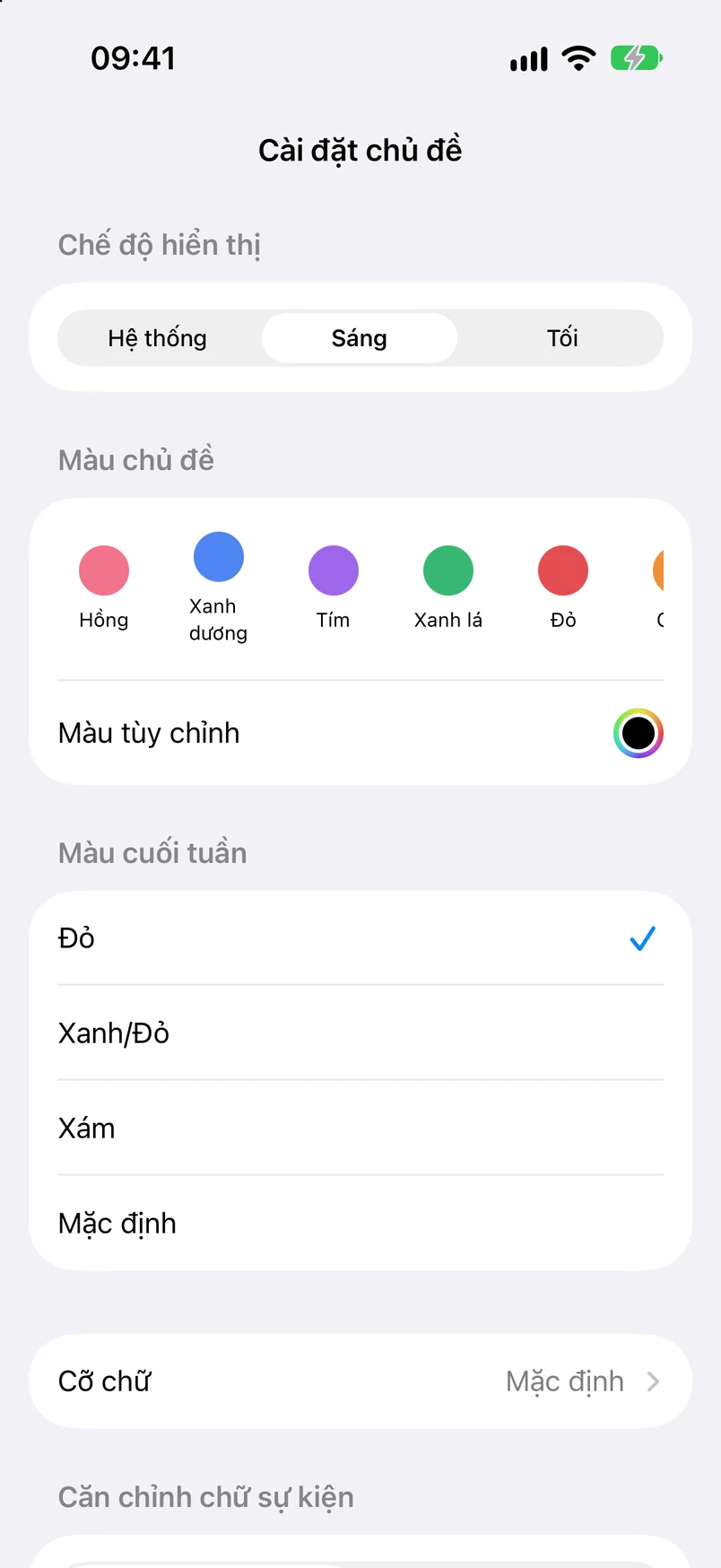 Cài đặt chủ đề: theo hệ thống · sáng · tối, màu chủ đề, màu tùy chỉnh và màu cuối tuần