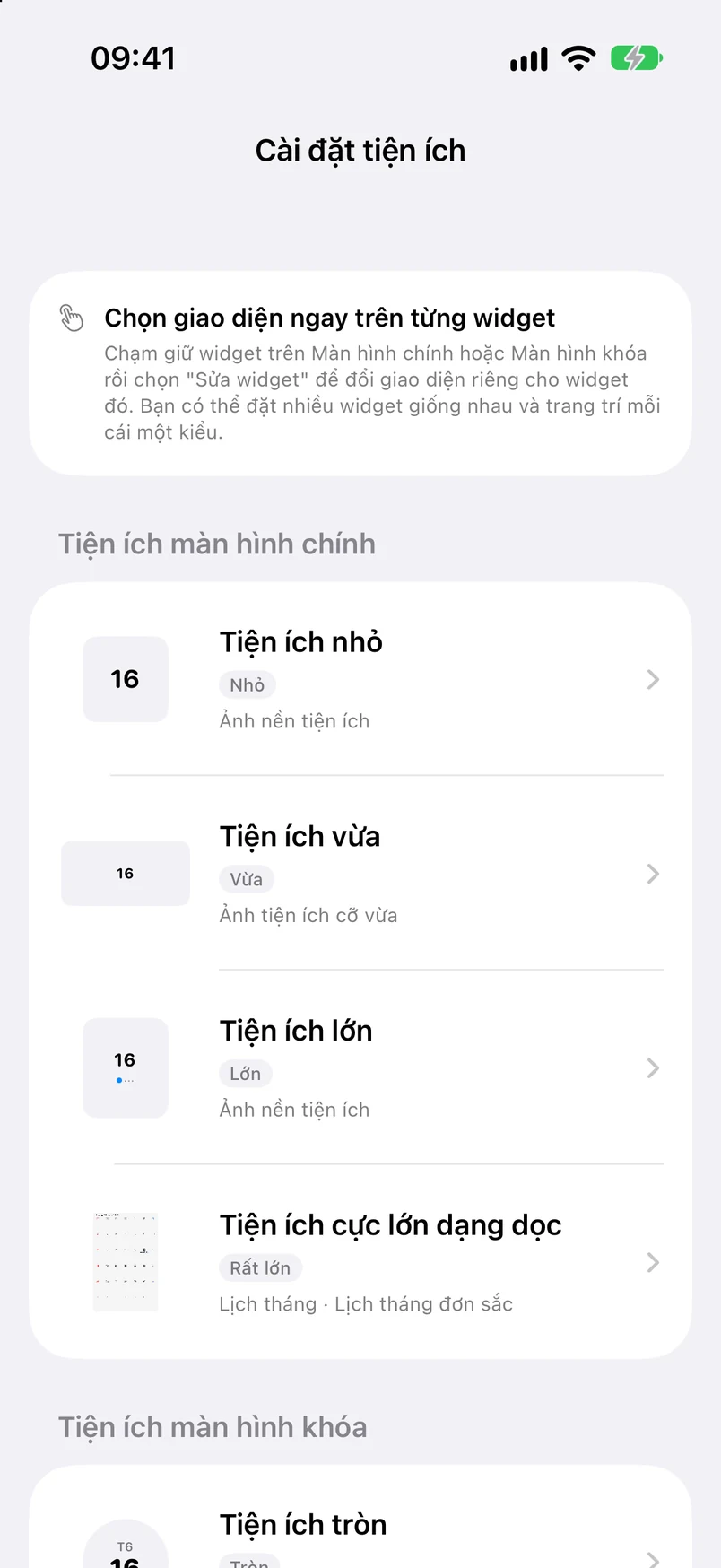 Cài đặt tiện ích: các loại tiện ích màn hình chính và màn hình khóa