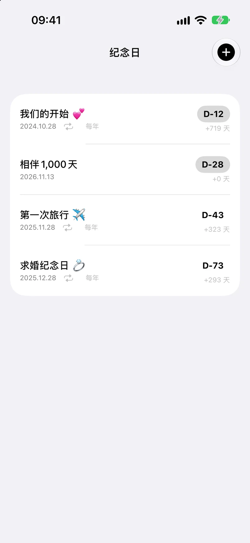 纪念日列表：D-12、D-28、D-43、D-73